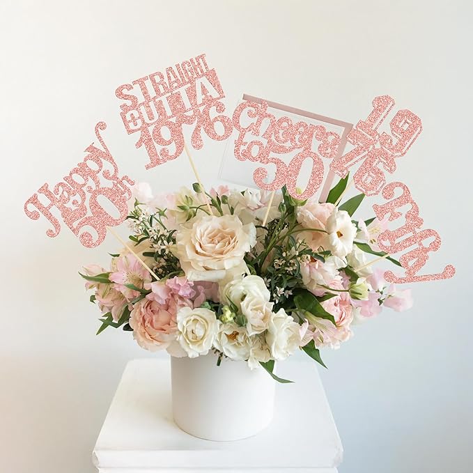 Gyufise 15Pcs Happy 50th Birthday Centerpiece Sticks Fifty Straight Outta 1976 Table Flower Centerpieces Sticks Cheers to 50 Decorations for 50th Birthday Party Supplies Rose Gold