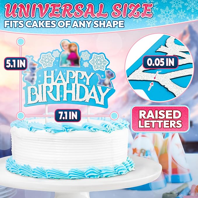 Winter Princess Happy Birthday Cake Topper for Girls -Easy to Install Cake Topper Decorations Made of Thick Paper Card with Glossy Texture - Vivid Adorable Design with Snowflakes & Magical Princesses