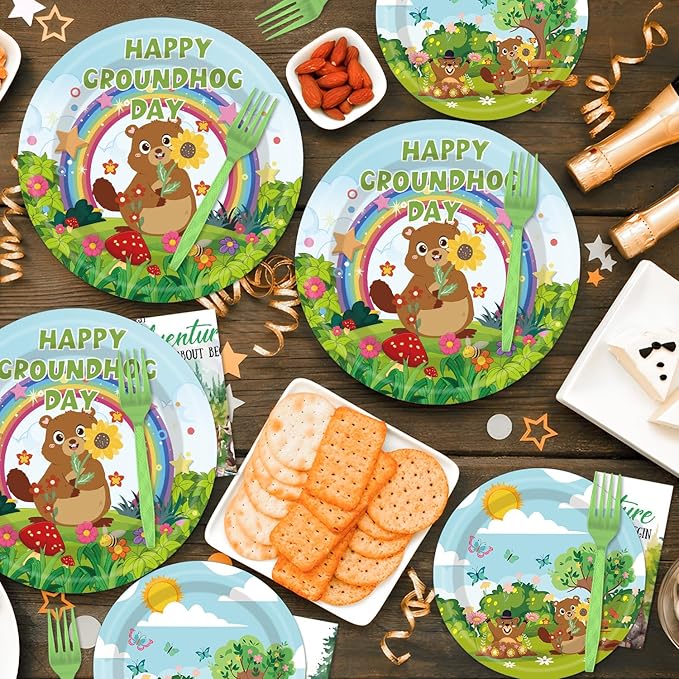 96Pcs Groundhog Day Decorations Tableware Set Happy Groundhog Day Paper Plates Napkins Forks Spring Animals February 2nd Ground hog Holiday Celebration Decor Party Supplies Serve 24 Guests