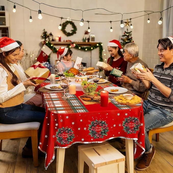 Plastic Christmas Tablecloth 54x108 Inch 3-Piece Set,Disposable Festive Red Poinsettia Pattern Holiday Dining Table Cloth for Christmas Party & Baby Shower Decorations