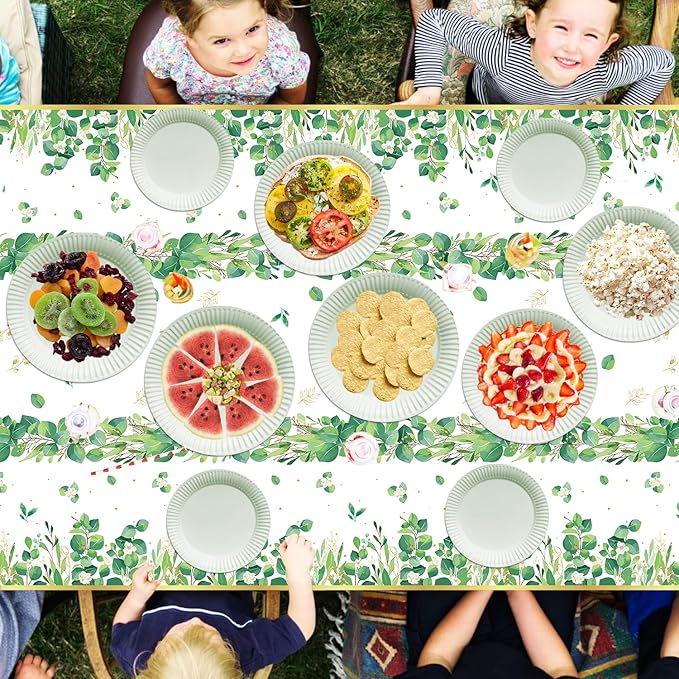 4 Pack Sage Green Eucalyptus Leaf Tablecover Sage Greenery Tablecloth Plastic Green Leaves Rectangular Greenery Table Cloths for Neutral Baby Shower Birthday Jungle Wedding Party Supplies 86 x 51 IN