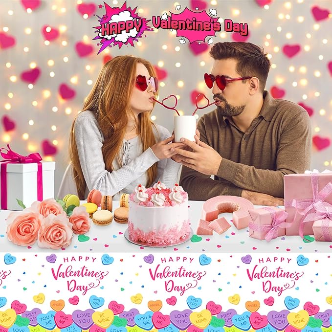 2 Pack Happy Valentines Day Tablecloth - Valentine's Day Tablecloths Plastic, Disposable Rectangle Colorful Love Heart Valentine Table Cloth Cover for Wedding Anniversary Party Decoration,54x108 Inch