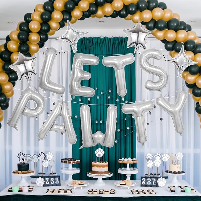 Lets Pawty Balloons Banner 16 Inch,Silver Dog Birthday Decorations with 4pcs 10 Inch Star Balloons,Paw Foil Letter Balloon for Dogs Paw Pet Puppy Theme Party Supplies