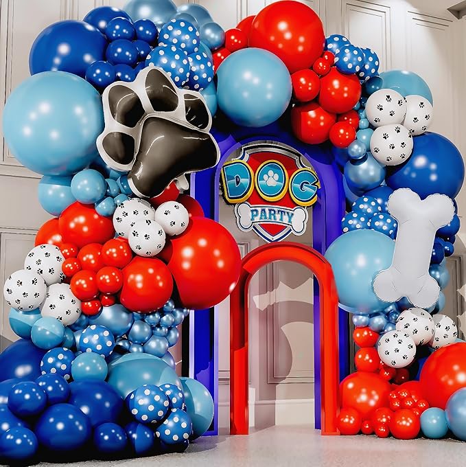 ALL-IN-1 Paw Balloon Arch & Garland Kit with BONUS Dog Bone – Small and Large Red, Dark Blue Paw Balloons – Paw Birthday Party Decorations & Supplies – Boy