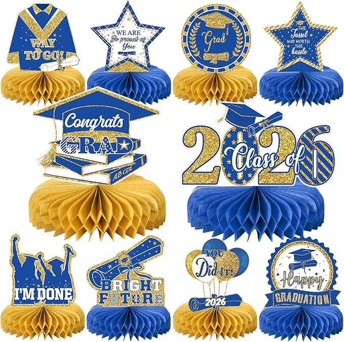 10PCS Graduation Party Decorations Class of 2026 Congrats Grad Table Centerpieces Congratulate Graduation Honeycomb Table Toppers for Graduation Party Supplies(Blue Gold)