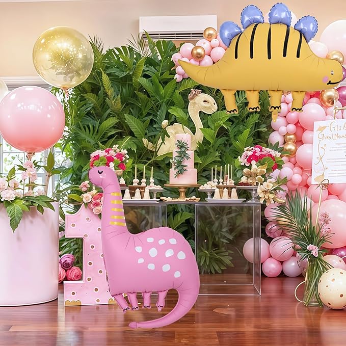 Giant Dinosaur Foil Balloons, 38-43 Inch Big Cute Pink Yellow Dinosaur Helium Inflatable Foil Balloon for Girls 1st 3rd Dino Theme Birthday Baby Shower Kindergarten Jungle Party Decorations Supplies