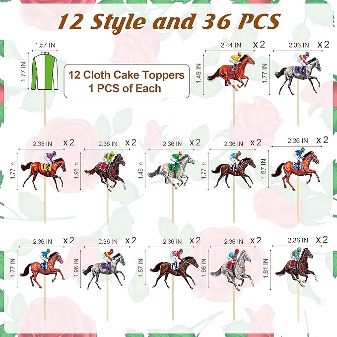 36 PCS Horse Cupcake Toppers, 24 Style Derby Decorations, Clothing Jockey Horse Racing Derby Toothpicks Run for the Rose Cupcake Toppers, Run for the Roses Theme Horse Party Supplies
