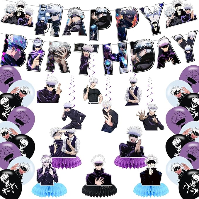 Anime Satoru Party Decorations,Cartoon Satoru Birthday Party Supplies For Party Supplies Includes Banner - Swirls- Table Centerpieces - 18 Balloons