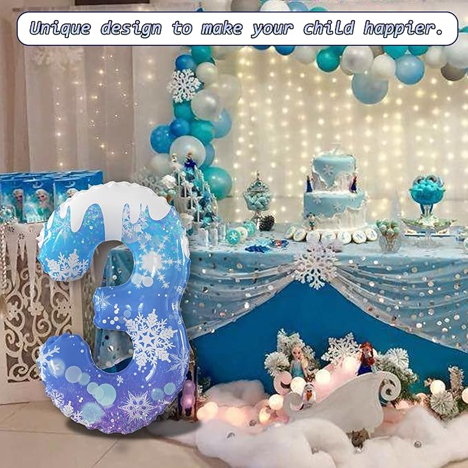 40 Inch Frozen Balloon Number 3 Birthday Balloons Decorations for Girls Birthday Snowflake Themed Party Supplies Winter Party Decorations (Blue Snowflake, number 3)