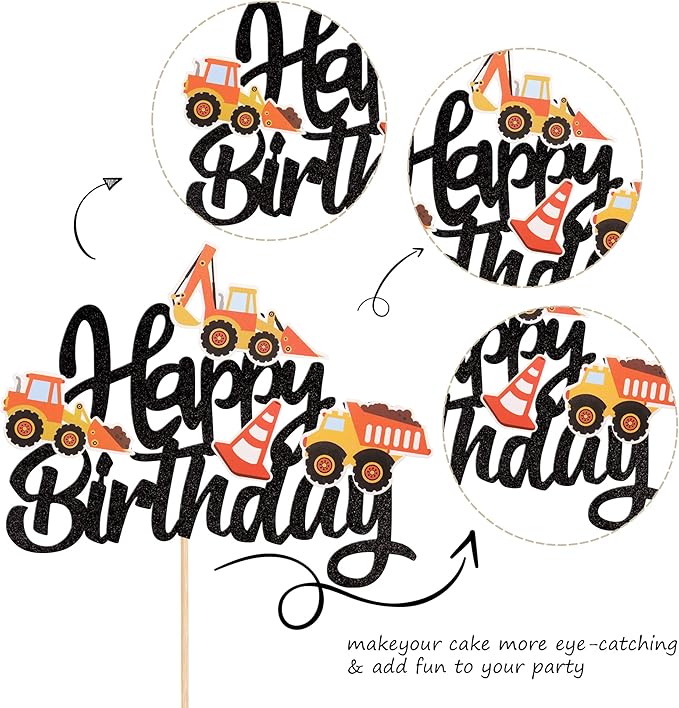 1 PCS Construction Happy Birthday Cake Topper Glitter Construction Cake Pick Dump Truck Excavator Tractor Cake Decorations for Construction Theme Baby Shower Kids Birthday Party Supplies Black