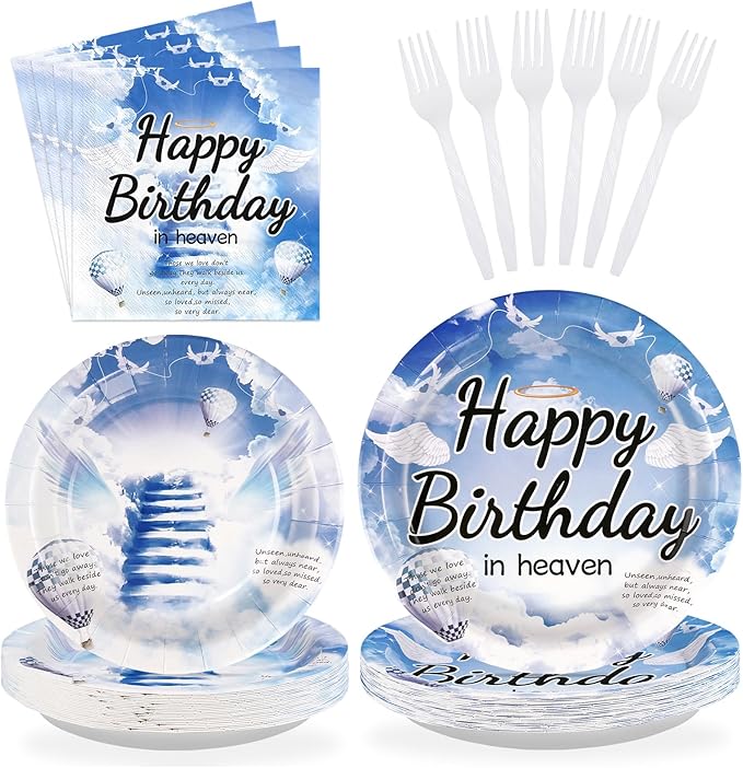 96 Pcs Happy Birthday in Heaven Party Supplies Funeral Remembrance Plates and Napkins Disposable Funeral Memorial Tableware Set for Condolence Birthday Anniversary Party Decorations Serves 24