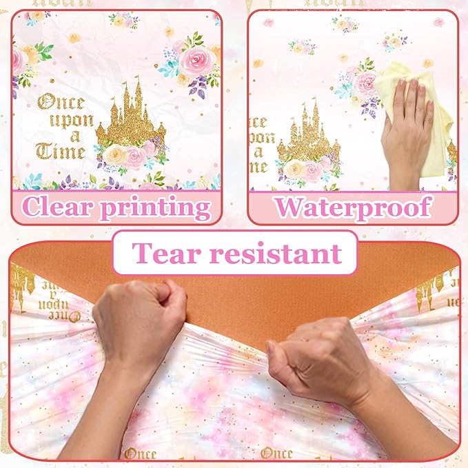 3PCS Princess Birthday Party Tablecloths Decorations, Once Upon a Time Birthday Decorations Plastic Princess Castle Party Floral Table Cover for Girls Baby Shower