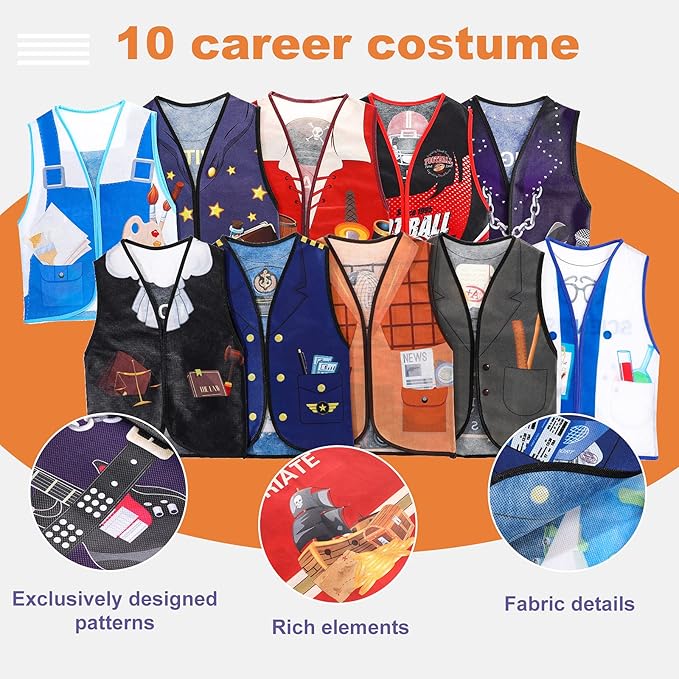 Threan 10 Pcs Kids Dress Up Vest Children Role Play Vest Career Costume for Dramatic Pretend Play Party Supplies, 17 x 13.8 Inches(Cool Style)