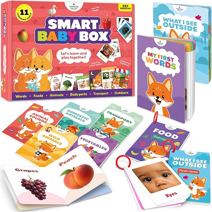 Smart Baby Box for 12-18 Months – 11 Montessori Speech Therapy Board Books & Flash Cards – Toddler Learning Toys & Activity Busy Book with Pre-K Activities for 1-Year Old