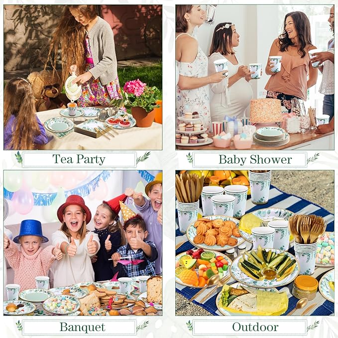 350 Pcs Tea Party Supplies Spring Summer Sage Green Tableware Set Disposable Plates Napkins Paper Cups Plastic Cutlery Set for Birthday Bridal Baby Shower Serves 50