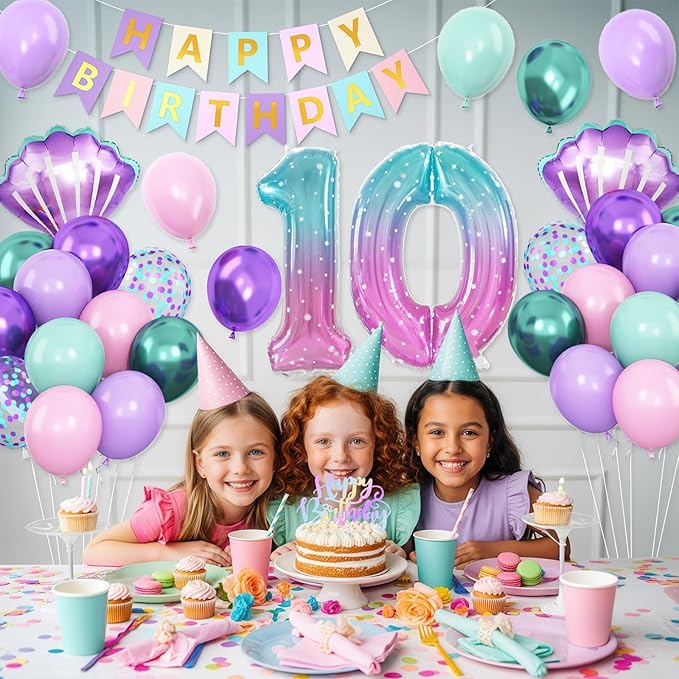 10th Mermaid Birthday Decoration,Metallic Purple Pink Green Blue Latex Balloons for Girls Party Decoration Number 10 Seashell Foil Balloons Banner Cake Topper Sea Decorations for 10 Year Old