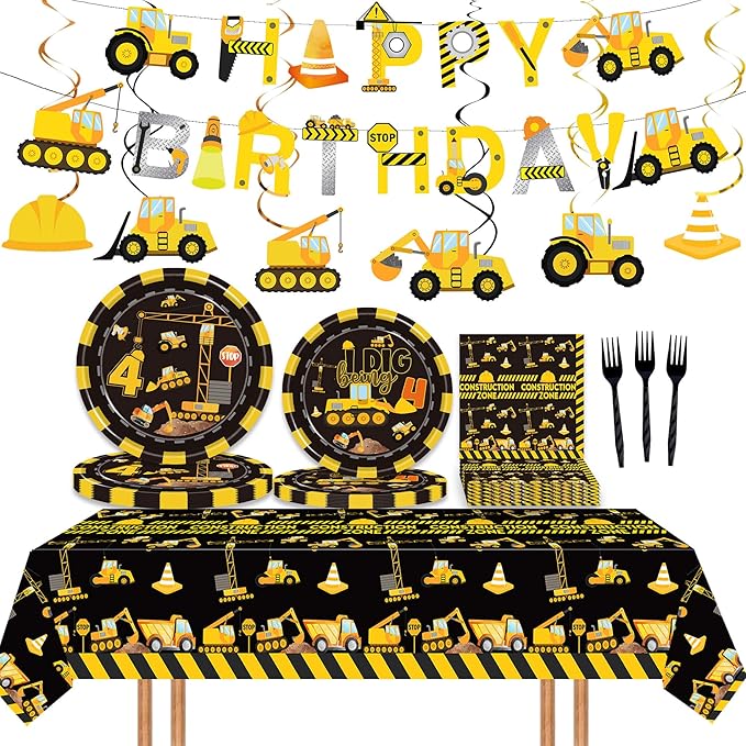 3 Pieces Construction Table Cloth 54 x 108 Inch Dump Truck Table Covers for Construction Theme Boys Baby Shower 1st 2nd 3rd 4th Birthday Party Supplies Table Decorations Favors