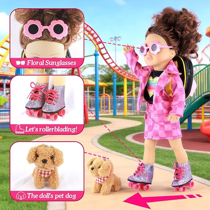 American 18 Inch Doll Clothes & Accessories Set – Includes Pink Plaid Coat, Heart T-Shirt, Skating Shoes, Pet Dog, Penguin Backpack, Camera, Glasses & More – Perfect for 18" Dolls (No Doll)