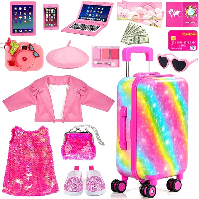 American 18 Inch Doll Clothes Accessories-18 inch Doll Suitcase-Glasses,Beret,Shoes,Handbag,Camera, Passport,Mobile Phone Travel Set Valentine's Gift Toys for 3-12 Girls