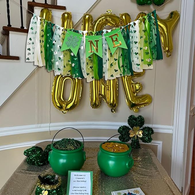 St. Patrick's Day High Chair Banner - Lucky One Birthday Party Supplies,Glitter Luck Shamrock Decorations,Four Leaf Clover First Birthday ONE Tutu Highchair Banner (lucky green)