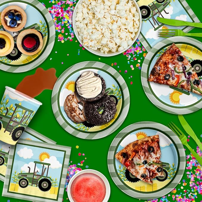 Green Farm Tractor Time Birthday Party Supplies Set Plates Napkins Cups Kit for 16