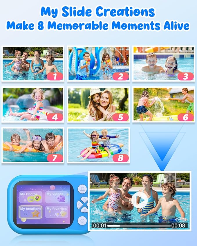 Waterproof Kids Camera, Underwater Camera for Kids 1080P Digital Video Camcorder with 2.4” Display, 32GB TF Card, Emergency LED Flash, Diving Swimming Beach Pool Toys for 3-12 Years Old Boys, Blue