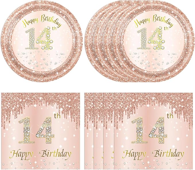 40Pcs 14th Birthday Decorations for Girls Rose Gold 14th Birthday Party Plates and Napkins Happy 14 Years Party Theme Tableware,Disposable 7'' Paper Plates,Napkins for Her,Girls Teen Party Supplies