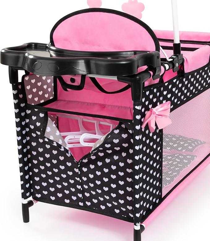 Bayer: Multi Bed - Black, Pink, Hearts - Accessory Set for Dolls Up to 18", Built-in High Chair, 3 Hangers, Pillow, Blanket, Kids Ages 3+