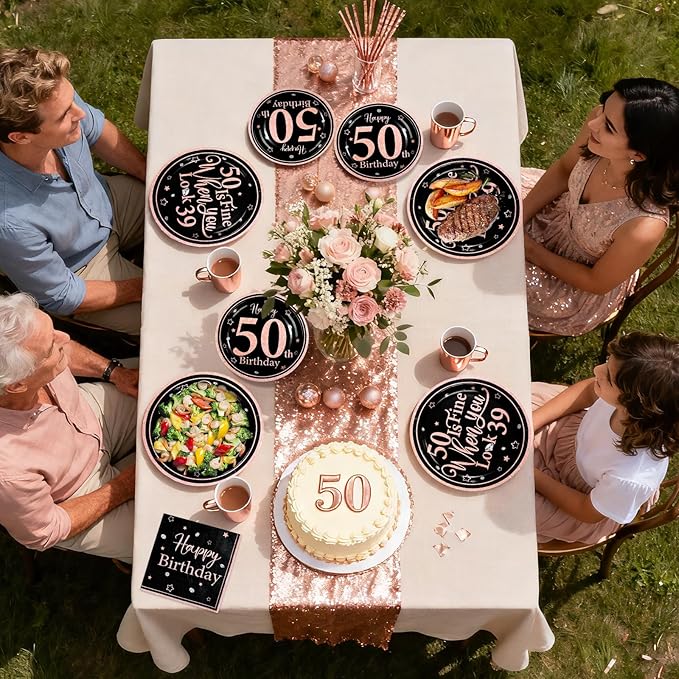 96Pcs 50th Black and Pink Birthday Party Supplies 50 Is Fine When You Look 39 Plates and Napkins Black and Pink Theme Tableware Set for Women 50th Birthday Party Decorations Serves 24