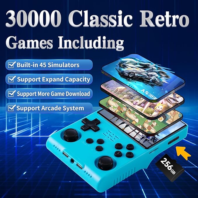 R40S Pro Handheld Game Console,30000 HD Games Mini Retro Gaming Console,3.5-Inch IPS Screen,Built in 45 Emulators,256GB SD Card,3800mAh Battery(Blue Color)