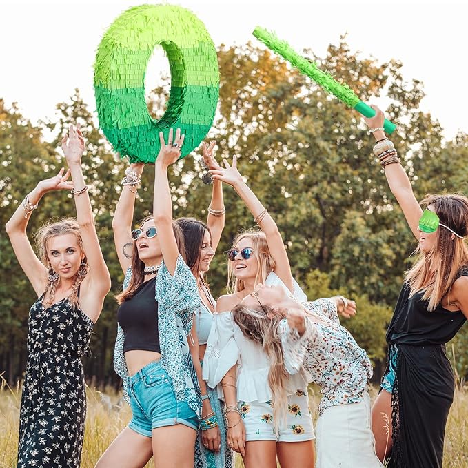 Number Piñata Decorations 16 Inch Gradient Green Piñata with Blindfold Stick and Confetti for Birthday Baby Shower Safari Jungle Themed Party Supplies Centerpiece(Number 0)