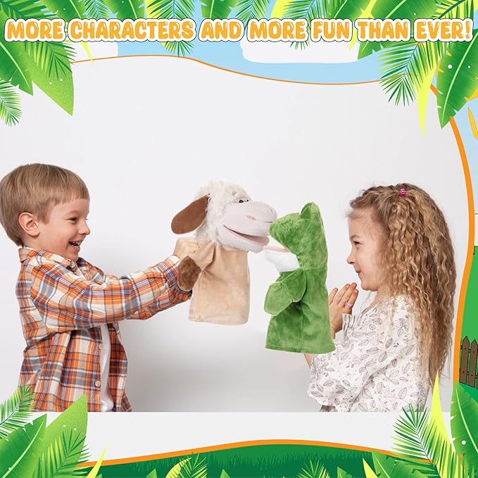 4 Pcs Hand Puppet Animal with Working Mouth 9.8 Inch Animal Puppet Soft Plush Toy for Storytelling Theater Preschool Birthday Gifts(Cow, Frog, Duck, Sheep)