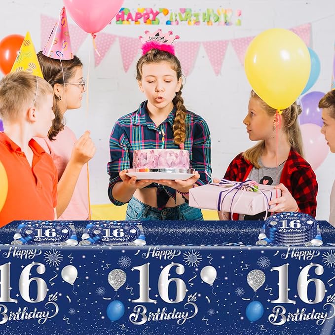 41PCS 16th Birthday Decorations for Boys Navy Blue Silver 16 Years Old Birthday Decorations Sweet 16 Plates Napkins Tablecloth for Boys Girls 16th Birthday Party Supplies