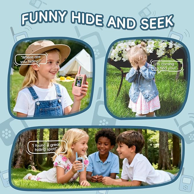2-Pack Kids Walkie Talkies with Video Calling, No Wi-Fi Needed for 2-Way Video Chat, Rechargeable Handheld Video Intercom for Indoor Outdoor Play, Camping, Gift for Boys Girls Ages 3-12 (Blue/Pink)