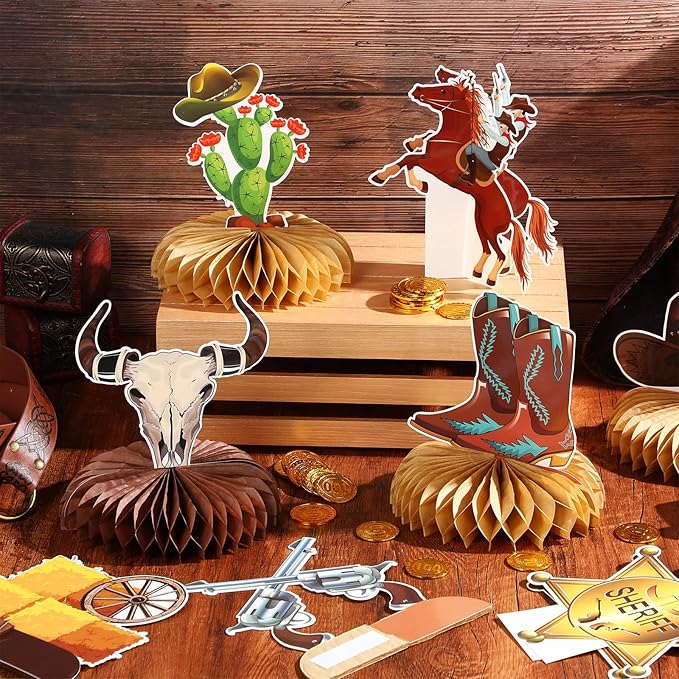 12 Pcs Western Cowboy Party Decorations Honeycomb Centerpieces - Double-Sided 3D Table Toppers for Wild West Theme, My First Rodeo Birthday, Nashville Bachelorette & Baby Shower Supplies
