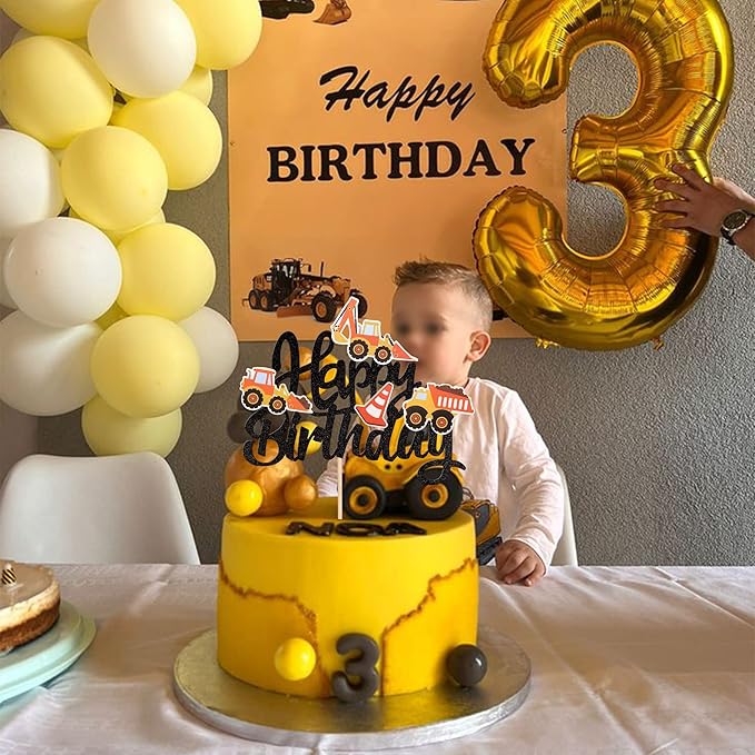 1 PCS Construction Happy Birthday Cake Topper Glitter Construction Cake Pick Dump Truck Excavator Tractor Cake Decorations for Construction Theme Baby Shower Kids Birthday Party Supplies Black