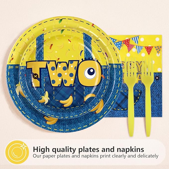 96 Pcs Yellow Cartoon 2nd Birthday Party Supplies Yellow Jeans Banana Plates and Napkins Disposable Big Eyes Cartoon Tableware Set for Boys Girls 2 Years Old Birthday Party Decorations Serves 24