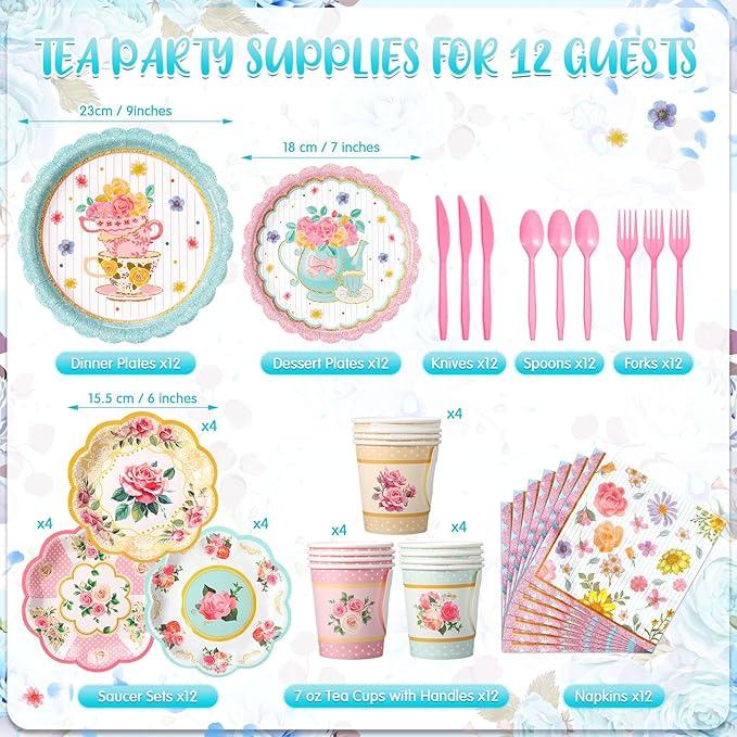 106 Pcs Tea Party Supplies for 12 Guests Include Plates Tea Cups Saucers Napkins Cupcake Stand Tablecloth Banners Floral Tea Party Tableware Set for Girls Birthday Baby Shower Party Favors