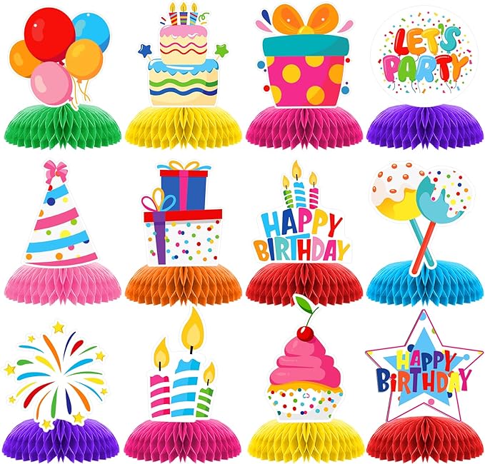 12 Pcs Happy Birthday Party Decorations, Colorful Happy Birthday Decorations, Table Honeycomb Centerpieces Decor Table for Party Supplies for Women Men The Kids' Boys Girls