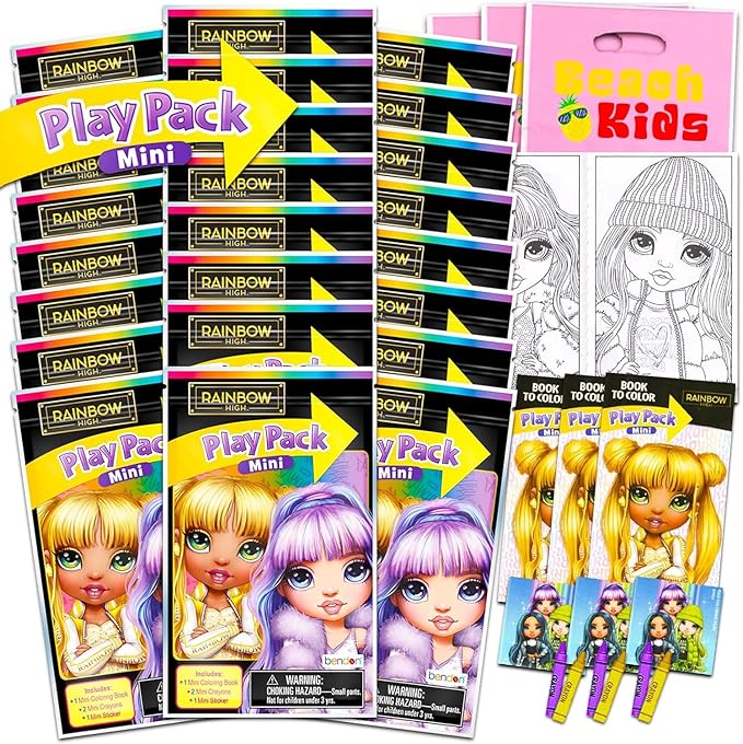 Rainbow Mini Party Favors Set - 24 Mini Packs with Coloring Pages, Stickers & More (Rainbow High Birthday Party Supplies)
