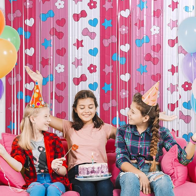 Adorable Kawaii Cat Party Decor Kit with 15 Balloons - 2 Pack 3.3x6.6ft Tinsel Foil Fringe Curtains Backdrop, Photo Booth Bows, Girls’ Birthday Party Supplies Room Decor (Pink/White)