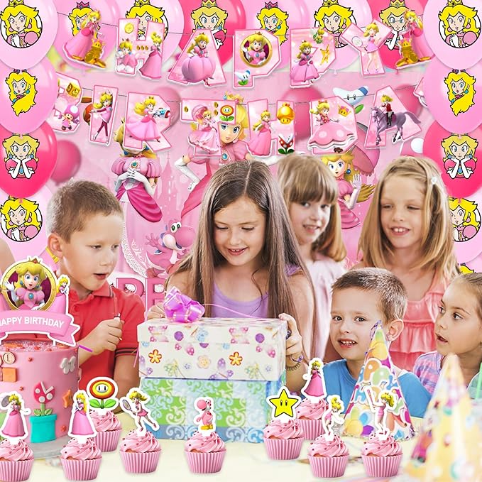 42pcs Princess Peach Birthday Party Supplies Pack Includes，Banner，Cake Topper，Blackdrop,Balloons for Princess Peach party supplies
