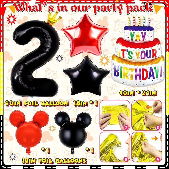 132pcs Oh Twodles Birthday Party Supplies Boy, Red Mouse 2nd Birthday Decorations Supplies, Balloons Arch Banner Backdrop Tablecover Cake Topper for Black Mouse Themed Boy 2 Years Old Birth Party