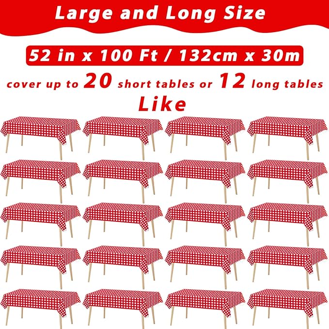 Red and White Checkered Tablecloth Roll 52 in x 100 Ft Red Checkered Picnic Party Supplies Camping Party Tablecloth for Indoor Outdoor Events Family Banquet Parties and Celebrations（Plastic ）
