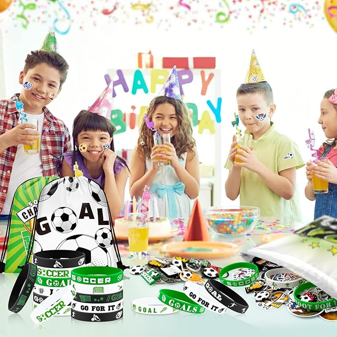 110 Pcs Soccer Party Favors Drawstring Bags with Keychains Silicone Bracelets Stickers Soccer Goodie Bags Gift Bags for Sports Birthday Party Supplies Soccer Themed