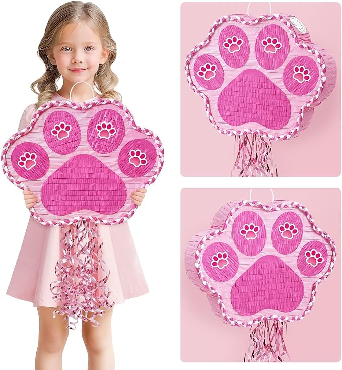 WERNNSAI Pink Dog Paw Piñata - Dog Piñata Pet Theme Party Games Pink Girl Style Puppy Paw Party Decorations Animal Party Supply for Kids Birthday with Blindfold