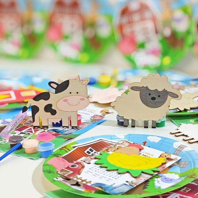GEECOZYLIFE Farm Party Favors - 12 PCS Farm Animals with Art Supplies - Farm Barnyard Wooden Painting Kit with Bubble Wands - Kids Birthday Boys Girls Gifts Bulk