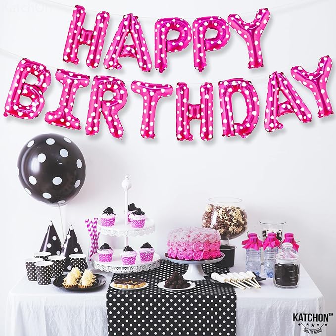 KatchOn, Pink Happy Birthday Banner Balloons - 16 Inch | Foil Polka Dot Happy Birthday Balloon Banner For Birthday Decorations | Pink Party Decoration