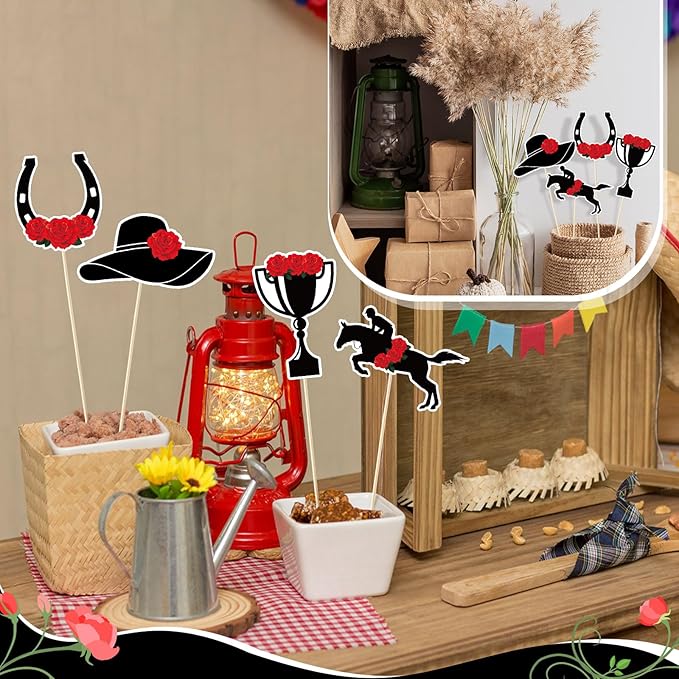 24 Pcs Double-sided Derby Party Supplies Decoration Sticks Set for Table Centerpieces Kentucky Horse Racing Theme Party Decorations for the Roses Derby Day Birthday Supplies