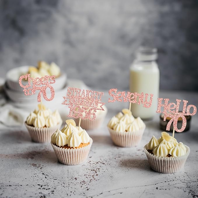 Ephlyn 24Pcs Happy 70th Birthday Cupcake Toppers Glitter Straight Outta 1956 Cupcake Picks Hello 70 Cheers to 70 Years Birthday Cake Decorations for 70th Birthday Anniversary Party Supplies Rose Gold